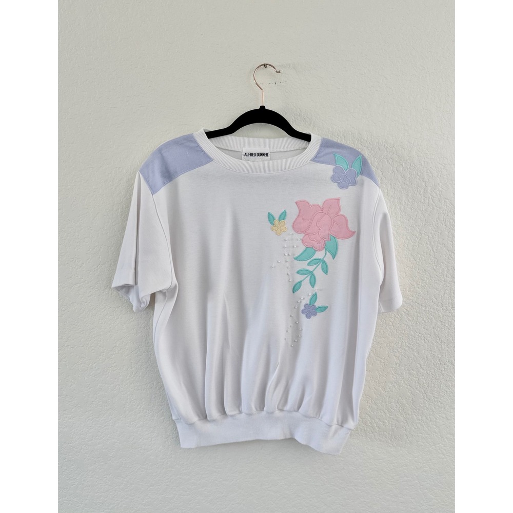 Alfred Dunner Vintage Floral Embroidered Sweatshirt White Pastel Pearl Size L